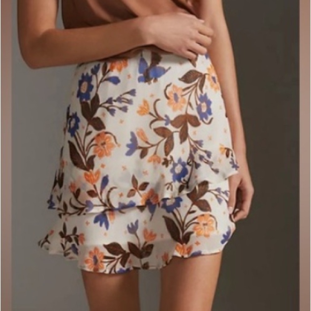 By Anthropologie Cream Floral Print Asymmetrical Tiered Flounce Mini Skirt